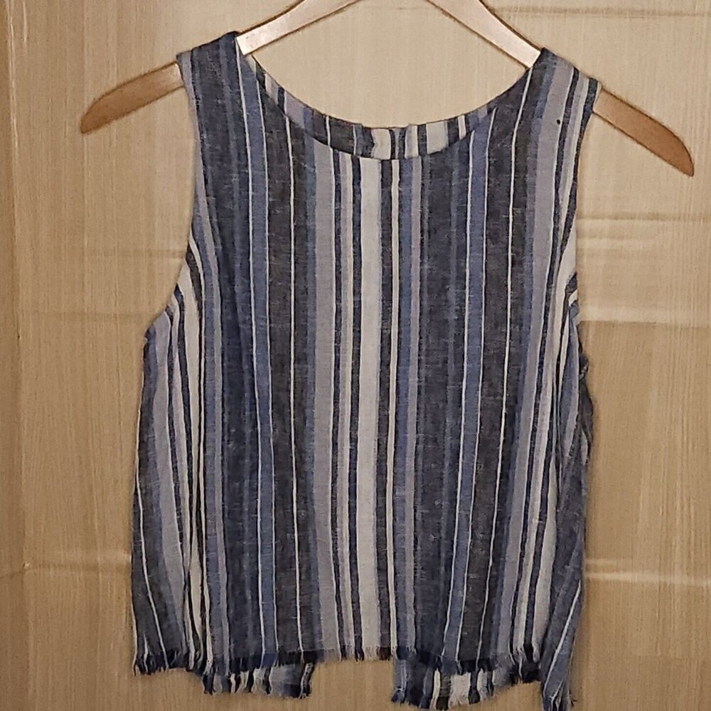Drew Linen Blend Sleeveless Blue Striped Raw Hem Medium